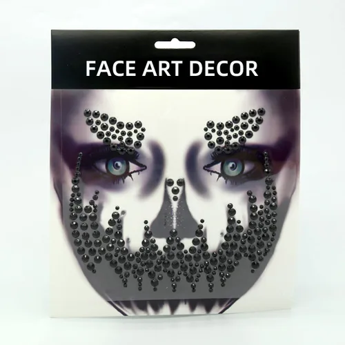 Vista 3 de Joyas para la cara de Halloween, gemas tatuajes, tatuajes temporales negros, diamantes de imitación azules, cara de calavera falsa, tatuaje falso