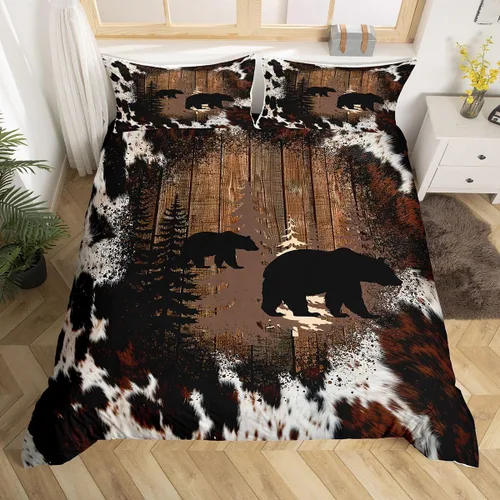 Vista 23 de Funda de edredón de oso de caza, tamaño individual, juego de ropa de cama rústica de animales del bosque para niños y niñas, funda de edredón a Oso