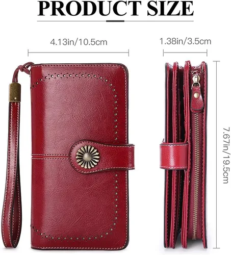 Vista 5 de SENDEFN - Cartera de cuero genuino para mujer con correa 24 ranuras para tarjetas 2 ventanas para identificación compartimentos para efectivo 1