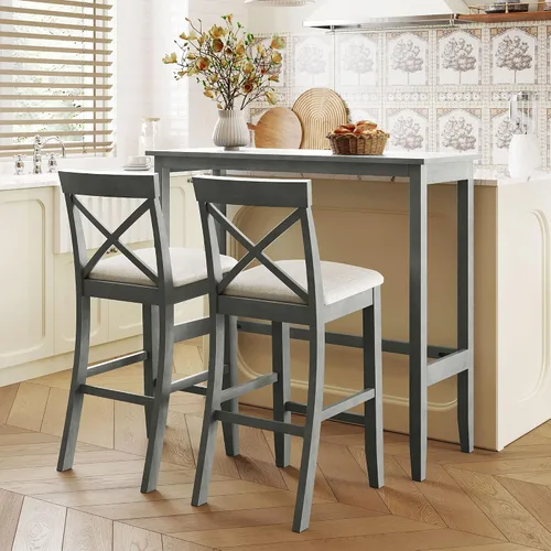 Vista 14 de Farmhouse - Juego de mesa de comedor rústica de altura de mostrador para 4, juego de mesa de bar de cocina de 5 piezas, mesa de comedor rectangular