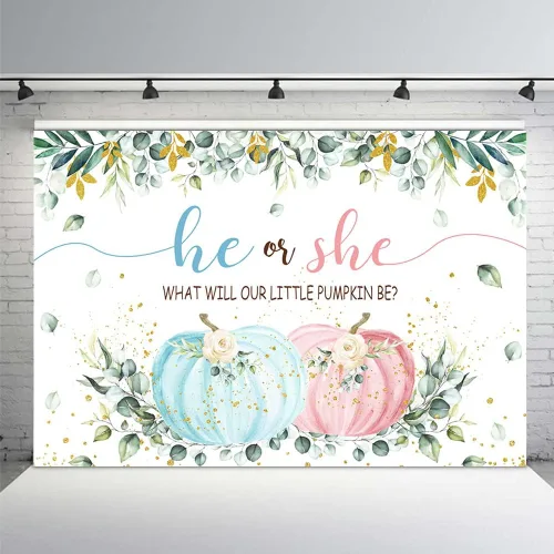 Vista 10 de MEHOFOND Fondo de otoño de 7 x 5 pies, diseño de calabaza pequeña para baby shower, decoración de fiesta con texto en inglés "He or she What Will