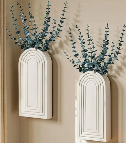 Vista 10 de DREAMLOOM Paquete de 2 jarrones de pared de madera con plantas artificiales de eucalipto, macetas para colgar en la pared, estilo bohemio y moderno