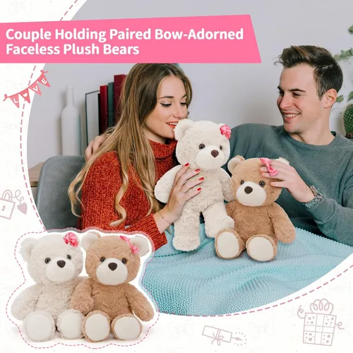 Vista 3 de Muiteiur Paquete de 2 osos de peluche a granel, juego de oso de peluche de 13.8 pulgadas con rosa rosa y lazo, sin boca, animales de peluche suaves