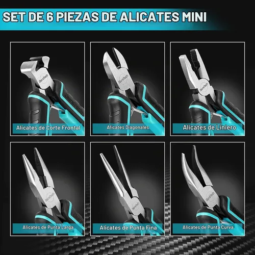 Vista 2 de DURATECH juego de mini alicates, juego de 6 piezas de alicates para joyería, construcción CRV, incluye alicates de punta de aguja, diagonales