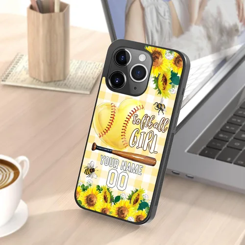 Vista 7 de Funda personalizada para teléfono con texto de Softbol en forma de corazón con girasol para iPhone 17 16 15 14 13 12 11 Pro Max Plus Mini Xs Xr 8