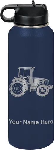 Vista 64 de LaserGram Botella de agua personalizada, tractor agrícola, acero inoxidable de doble pared aislada al vacío con popote superior, regalo grabado
