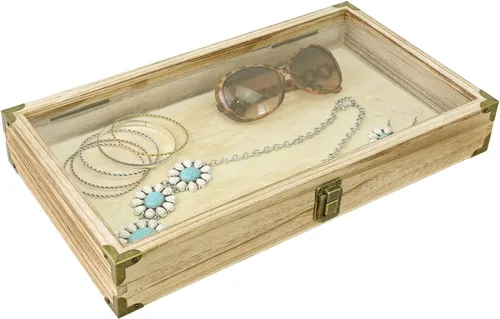 Vista 4 de MOOCA Caja de almacenamiento de accesorios de madera natural con esquinas de latón y cierre de metal, bandeja de joyería de madera