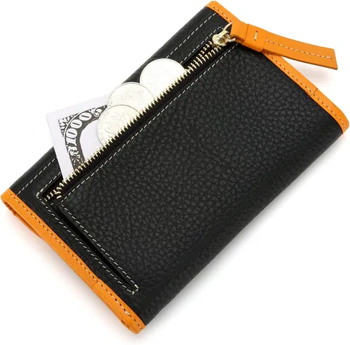 Vista 4 de Cartera de cuero genuino para mujer, con cierre de cremallera, monedero, monedero, gran capacidad, Negro -, Billetera triple