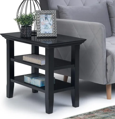 Vista 4 de SIMPLIHOME Acadian Mesa auxiliar estrecha – Mesa auxiliar rectangular de madera maciza de 14 pulgadas de ancho con 2 estantes abiertos en negro