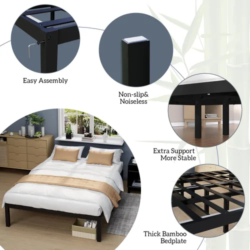 Vista 7 de Base de cama de bambú de tamaño individual con plataforma de madera, estructura sólida y estable con listones antideslizantes, cama alta,