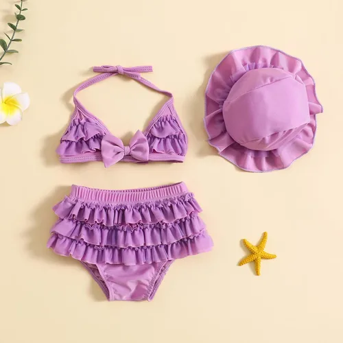 Vista 3 de Yccutest Traje de baño de flores para bebé, 3 piezas, parte superior triangular, parte inferior con volantes, sombrero para el sol, conjunto