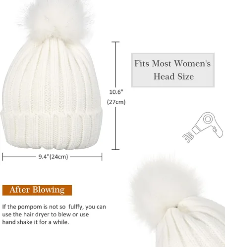 Vista 3 de Muryobao Gorro de invierno para mujer, con forro de satén, de piel sintética, con pompones, de punto, con forma de calavera