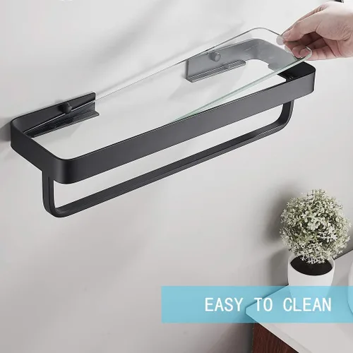 Vista 4 de Estante de vidrio templado para baño de 15.7 pulgadas con toallero, organizador de ducha de aluminio montado en la pared, gabinete de almacenamiento