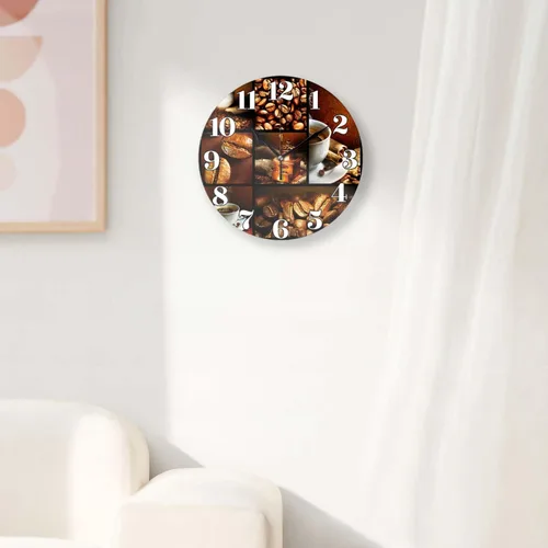 Vista 4 de Relojes de pared a pilas de 12 pulgadas, tema café, decoración silenciosa del hogar para baño, sala de estar, dormitorio Temática de café