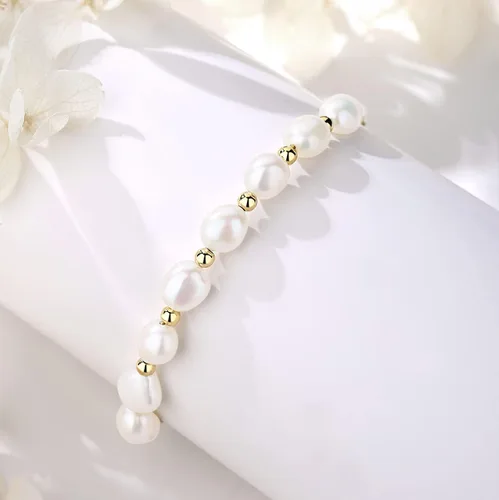 Vista 5 de Pulsera de perlas para mujer, perlas cultivadas de agua dulce, chapada en oro de 14 quilates, joyería hecha a mano