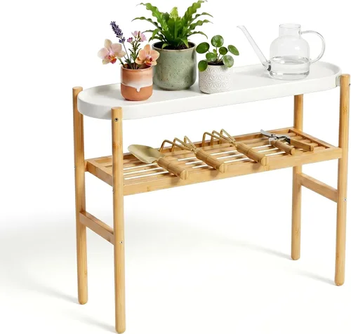 Vista 8 de Estantería de bambú Wisuce para interiores, mesa de 2 niveles de altura para ventana, soporte para múltiples plantas..