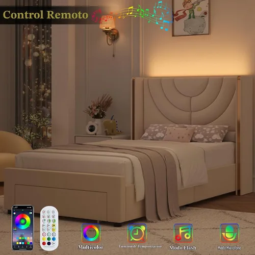 Vista 5 de HITHOS - Base de cama tapizada tamaño individual, cabecera de almacenamiento LED, color beige Velvet Bedframe with Storage Drawers, Wingback with