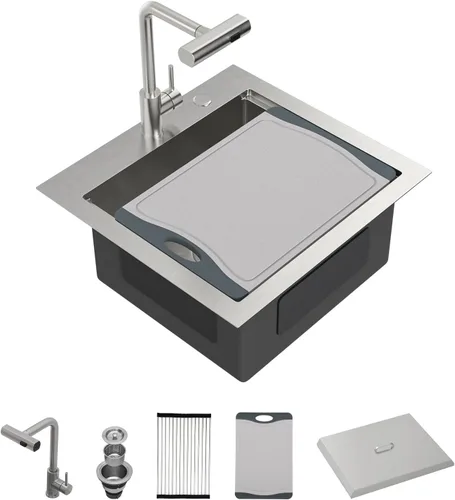 Vista 18 de Fregadero de barra dorada con grifo, fregaderos de barra de acero inoxidable de 15 x 17 pulgadas, estación de trabajo para interiores y exteriores