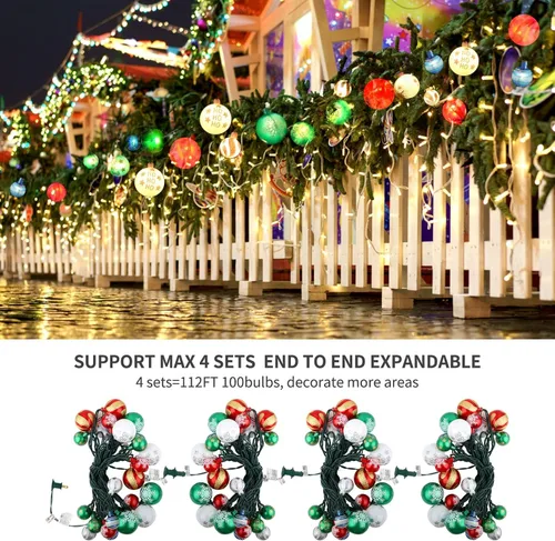 Vista 4 de itayak Luces de adorno de bola de Navidad, 28 pies, 25 bombillas, tira de luces de árbol, cable expandible para interiores para fiestas navideñas