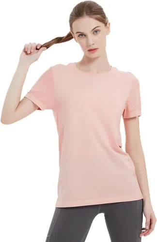 Vista 5 de Hooxum Camisetas básicas para mujer, cuello redondo, manga corta, secado rápido, camisetas de entrenamiento para yoga