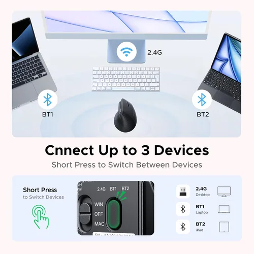 Vista 6 de UGREEN Ratón inalámbrico ergonómico, Bluetooth y 2.4G inalámbrico, clics