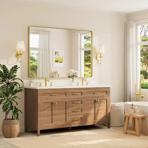 Vista 82 de TETOTE Espejo de marco dorado cepillado de 16 x 24 pulgadas, espejo de tocador de baño de latón dorado para pared, espejo enmarcado rectangular