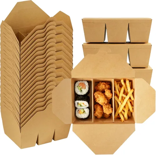 Vista 9 de Paquete de 30 recipientes de comida para llevar, 3 compartimentos de 7.5 x 5.4 x 2.6 pulgadas, cajas de papel de pulpa de bambú para llevar