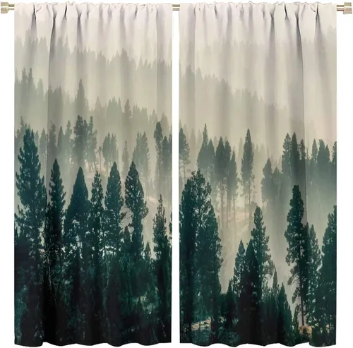 Vista 29 de Cortina de bosque neblinoso, bosque verde brumoso, paisaje natural, pino, alerce, niebla, montaña, oscurecimiento de habitación, puerta, ventana