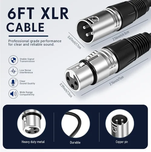 Vista 2 de Copkim Paquete de 10 cables XLR brillantes de 6 pies, 3 pines, cable de micrófono XLR equilibrado a macho a hembra para micrófono, mezclador
