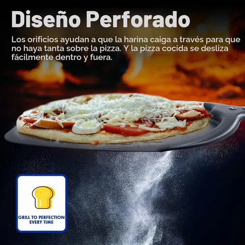 Vista 3 de Paleta de pizza profesional de aluminio, perforada de 12 pulgadas, grado de restaurante, mango largo, antiadherente, cáscara de pizza de metal