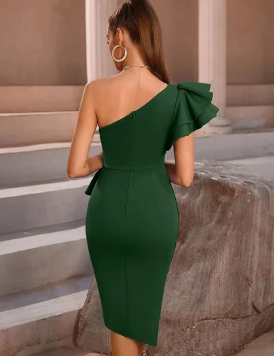 Vista 2 de YMDUCH Women's Sexy One Shoulder Ruffle Ruched Wrap Bodycon Midi Party Dress