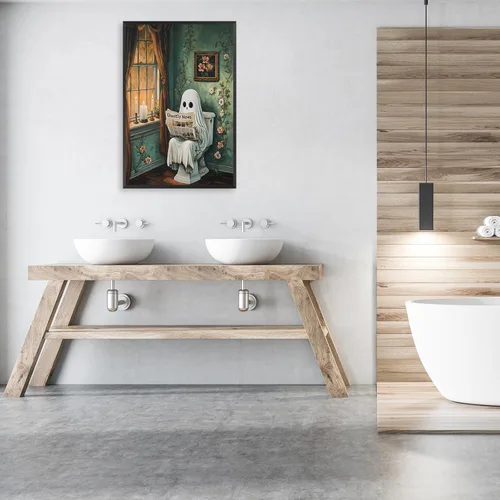 Vista 7 de Arte de pared de periódico de lectura de fantasmas para Halloween, baño, pósteres divertidos de fantasmas en el inodoro, espeluznante academia