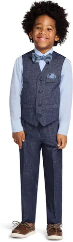 Vista 23 de Nautica Conjunto de traje formal de 4 piezas para niños con chaleco, pantalones, camisa de vestir con cuello y corbata Lino Azul