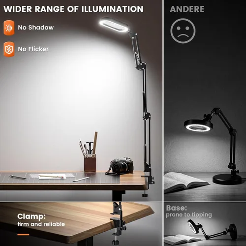 Vista 5 de Lupa Rectangular 10X con Luz, 3 Brazos 5 Modos de Color, Lupas Grandes con Abrazadera, Lámpara de Escritorio Iluminada con Lupa de Manos Libres