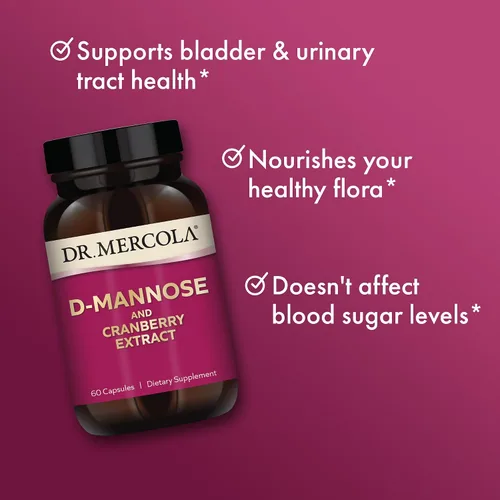 Vista 4 de Dr. Mercola D-manosa y extracto de arándano, 1,000 mg de D-manosa y 400 mg de arándano por porción, suplemento para la salud del tracto urinario