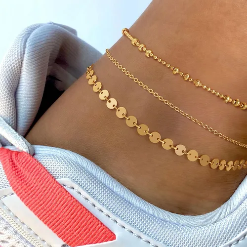 Vista 3 de Dremmy - Tobillera de cadena de oro simple, enchapada en oro de 14k y plata, delicada tobillera de playa de verano para mujer