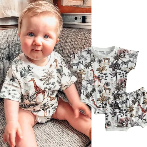 Vista 2 de Conjunto de ropa de verano para bebés y niños pequeños, mameluco de manga corta con estampado de animales de bosque, conjunto de 2 piezas