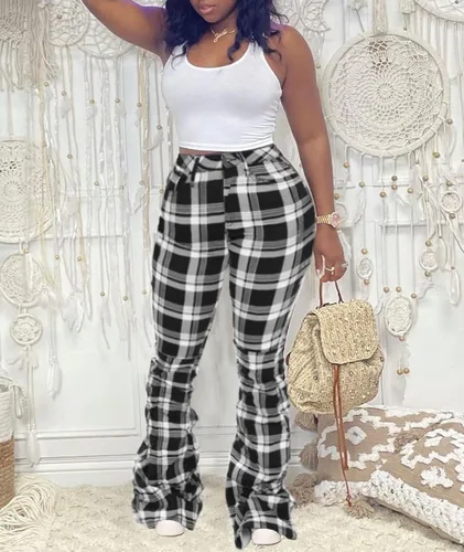 Vista 5 de ECDAHICC Pantalones vintage apilados a cuadros para mujer, estilo retro, de talle alto, a cuadros, acampanados, fruncidos