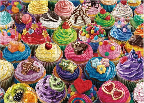Vista 2 de Rompecabezas colorido de cupcakes para adultos, 1000 piezas, rompecabezas de pastel de cumpleaños, rompecabezas de collage de frutas de galletas