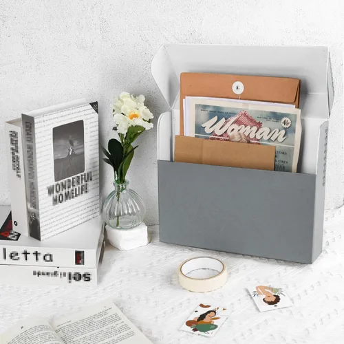 Vista 5 de Lineco Caja de almacenamiento de documentos archivados con borde metálico, caja de cartón libre de ácidos gris, organiza y almacena archivos