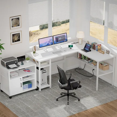 Vista 2 de Unikito Escritorio reversible para computadora en forma de L con tomas de corriente mágicas y puertos de carga USB, escritorio esquinero resistente
