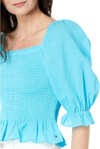 Vista 3 de Tommy Hilfiger Women's Smocked Peplum Shirt Blouse