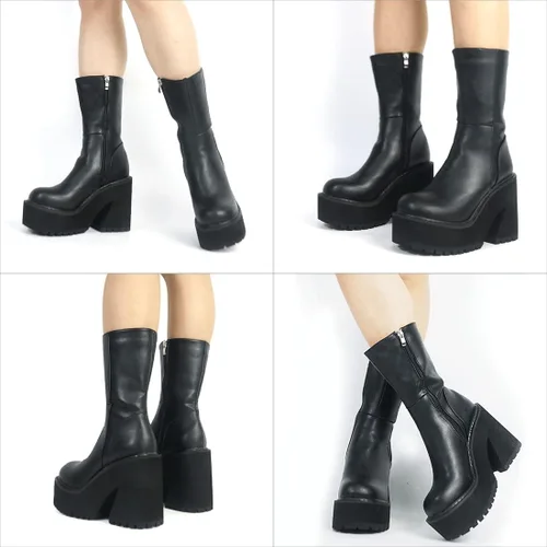 Vista 3 de Goiphrri Botas de tobillo de plataforma para mujer, tacón alto, punta redonda, botas de combate de trabajo, punk, botas de motocicleta, botas