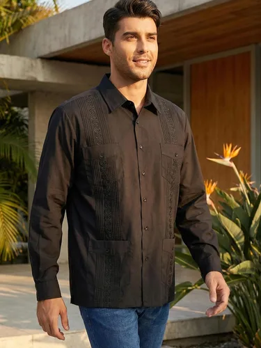 Vista 3 de Camisas guayabera de manga larga para hombre Negro