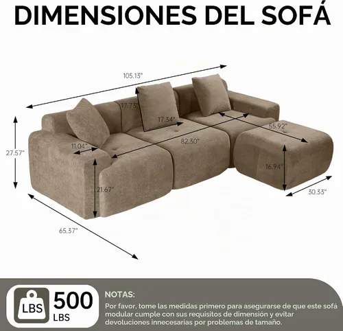Vista 2 de HIPIHOM 105" sofá seccional modular en forma de L, sofá de tela con otomano