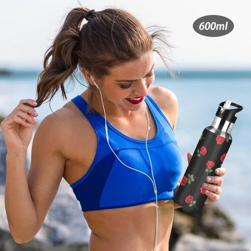 Vista 6 de Red Roses Green Leaves Black Insulated Water Bottle 20 Oz Leakproof Water Bottles, BPA-Free Sports Water Bottle with Straw