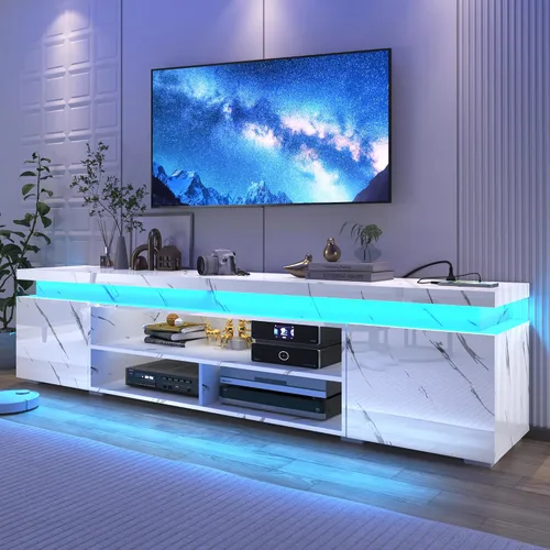 Vista 17 de Hlivelood Soporte de TV LED para TV de 75 pulgadas, moderno soporte de TV con toma de corriente, consola de TV de alto brillo con almacenamiento