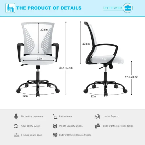 Vista 2 de TTY Store Silla de oficina de malla para el hogar, silla de escritorio ergonómica con soporte lumbar, reposabrazos ejecutivo, ajustable, giratoria