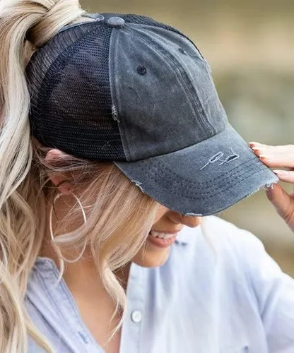 Vista 5 de Eohak Sombreros de cola de caballo desgastados para mujer, gorras de poni desordenadas, 7