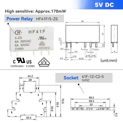 Vista 6 de Relé electromagnético 5VDC SPDT 6Amp, relés de alimentación con indicador LED, base de enchufe, riel DIN, ultra delgado de 6.2mm, certificación UL